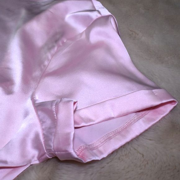 Tulum Sunrise Pink Satin Wrap Crop Top Size Large Short Sleeve Blouse - Picture 14 of 15